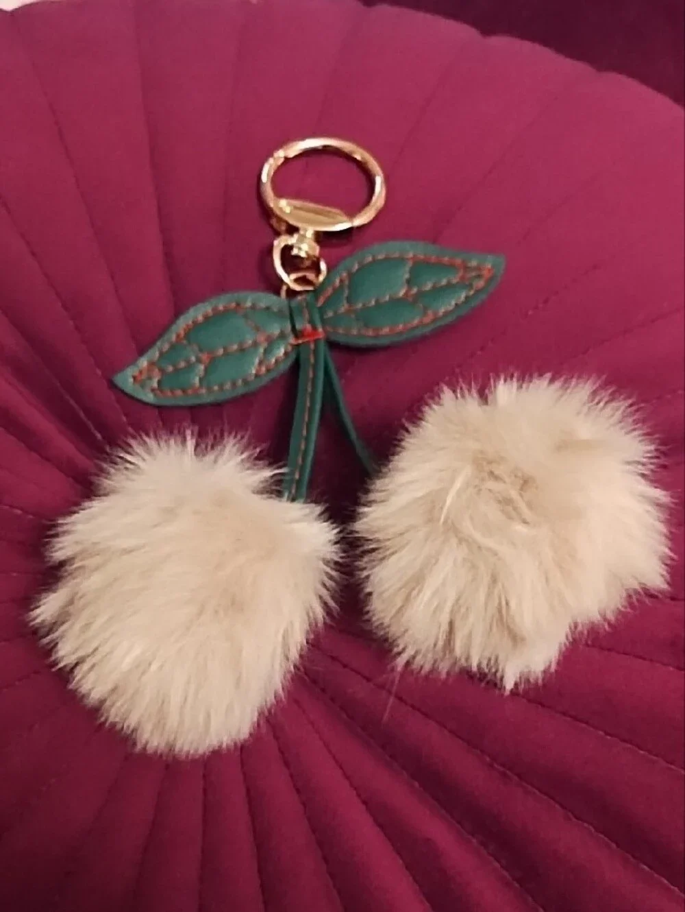 Faux Fur Cherry Pom Keychain with Green Leaf Accent
